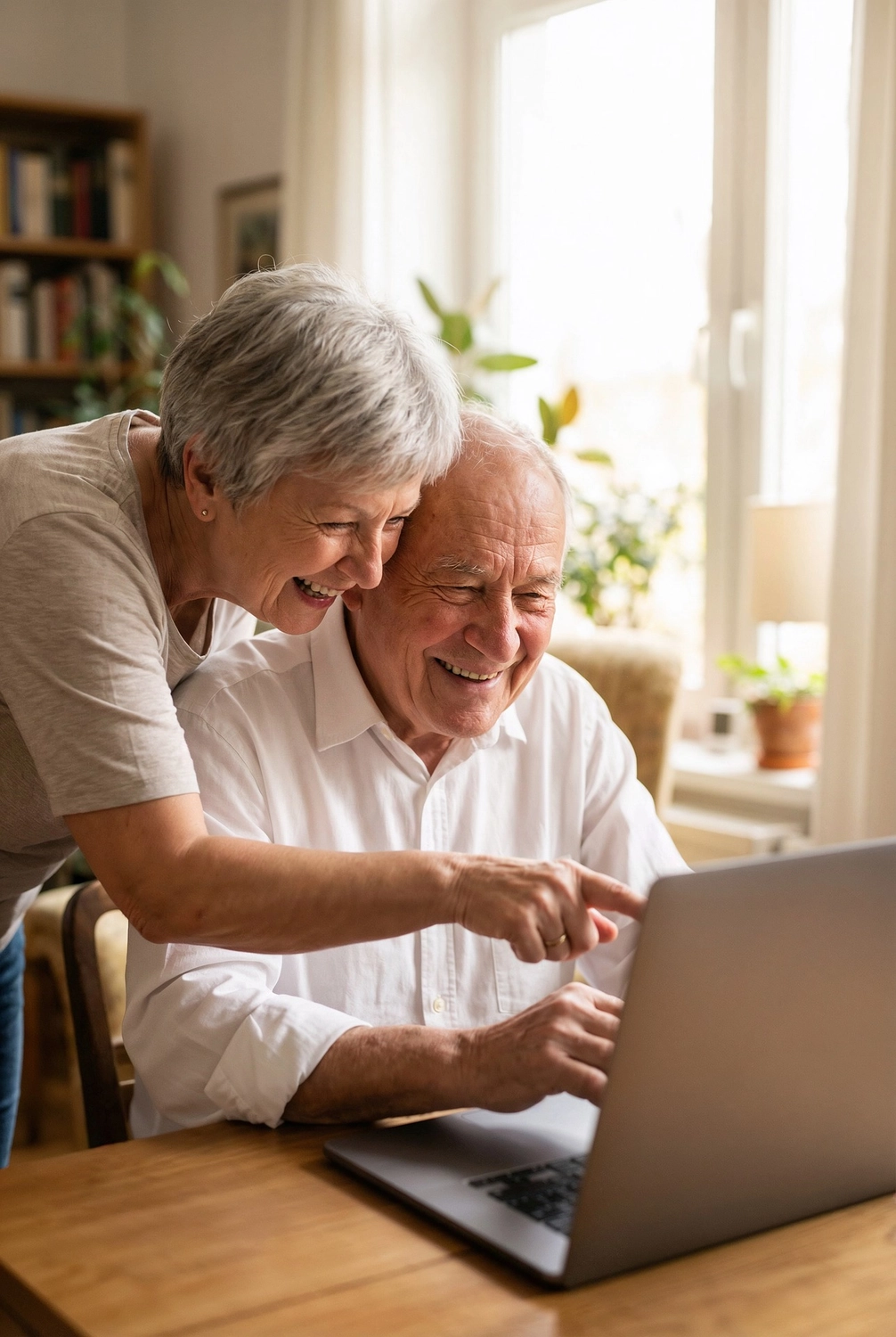 AK – Pflegedienst – Dieses Bild zeigt ein glückliches Seniorenpaar, das in einem hell erleuchteten Raum gemeinsam an einem Laptop arbeitet.